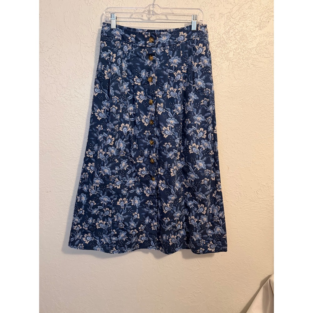 LOFT Blue Floral Button Front A-Line Midi Skirt Size 6 Cotton Blend Cottagecore